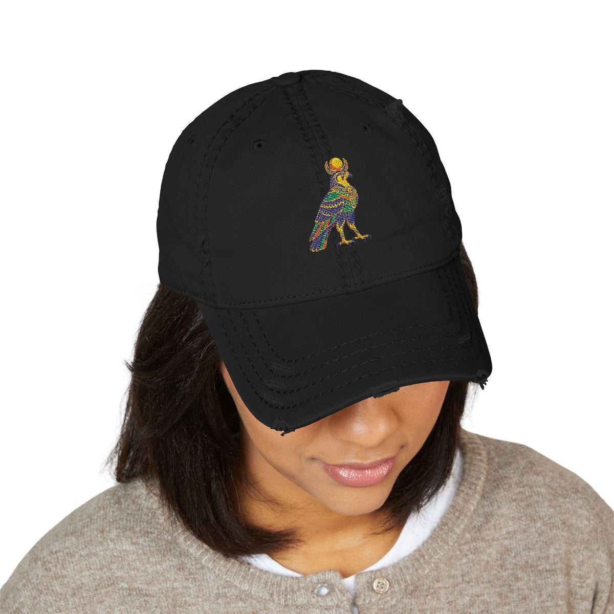 Distressed dad hat with Egyptian falcon and sun disk embroidery