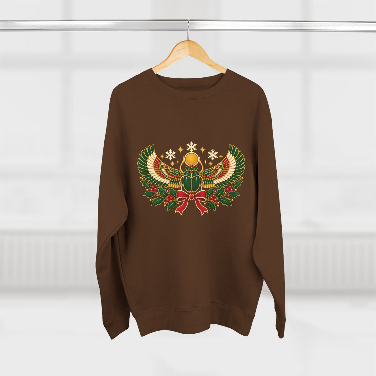 Egyptian Scarab Holiday Sweatshirt — Festive Scarab & Wreath Crewneck Printify