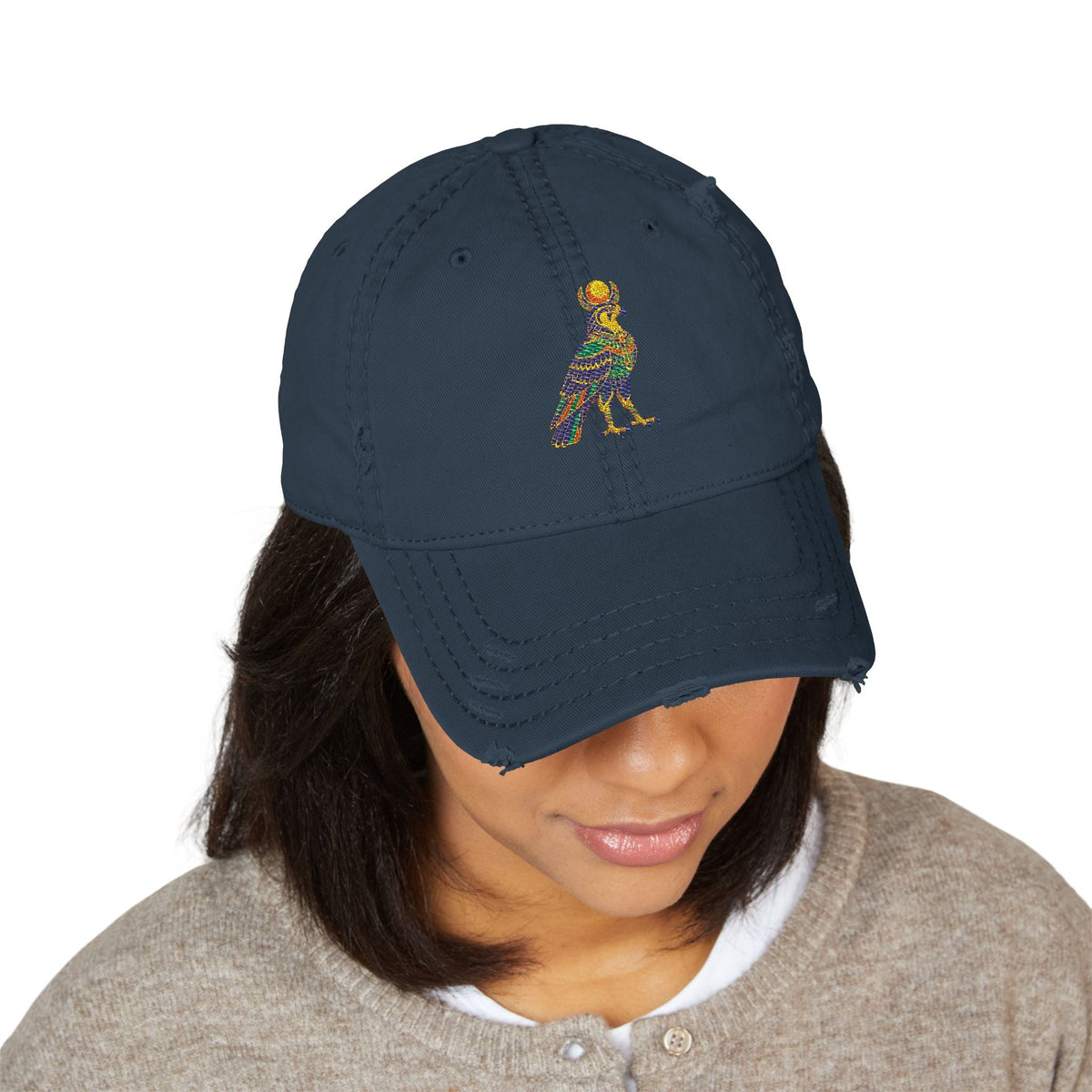 Distressed dad hat with Egyptian falcon and sun disk embroidery
