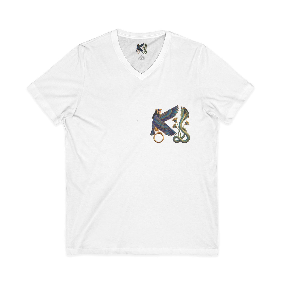 V-neck T-shirt with Egyptian winged figure and cobra artwork