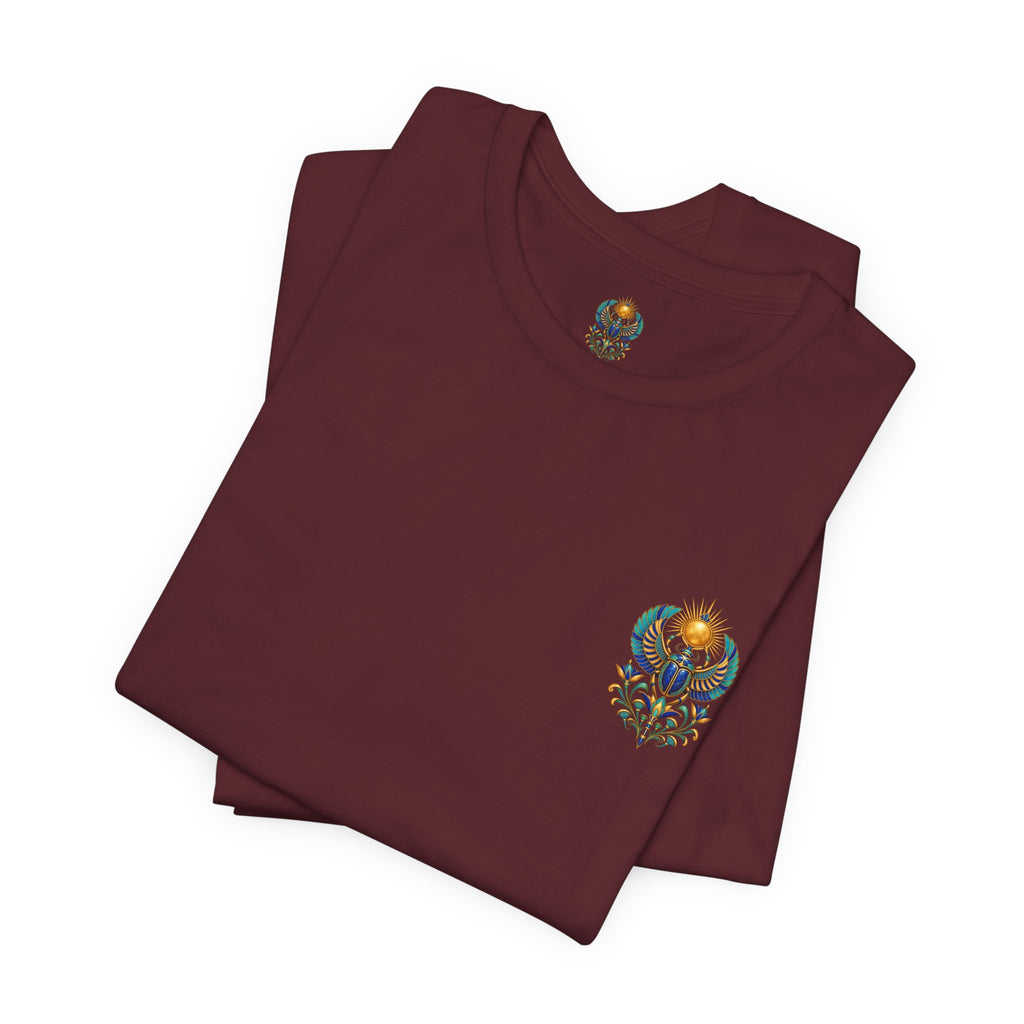 Scarabs & Sun Egyptian Scarab T-Shirt — Golden Sunback Graphic Tee Printify