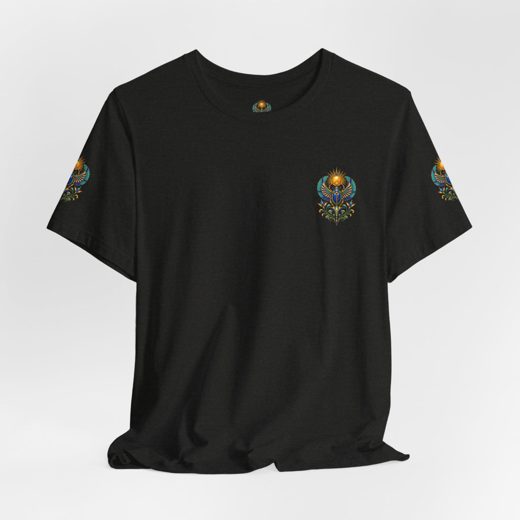 Scarabs & Sun Egyptian Scarab T-Shirt — Golden Sunback Graphic Tee Printify