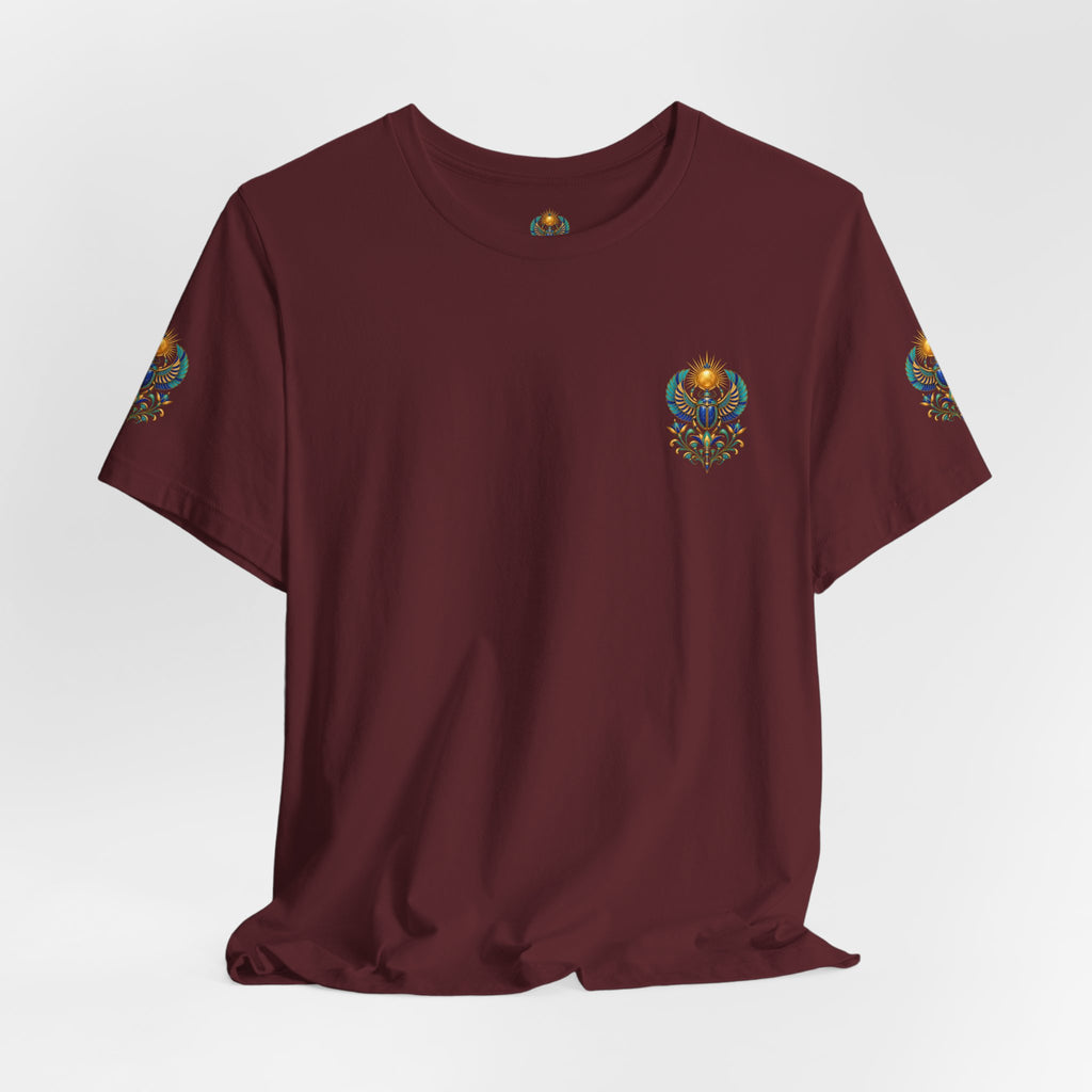 Scarabs & Sun Egyptian Scarab T-Shirt — Golden Sunback Graphic Tee Printify