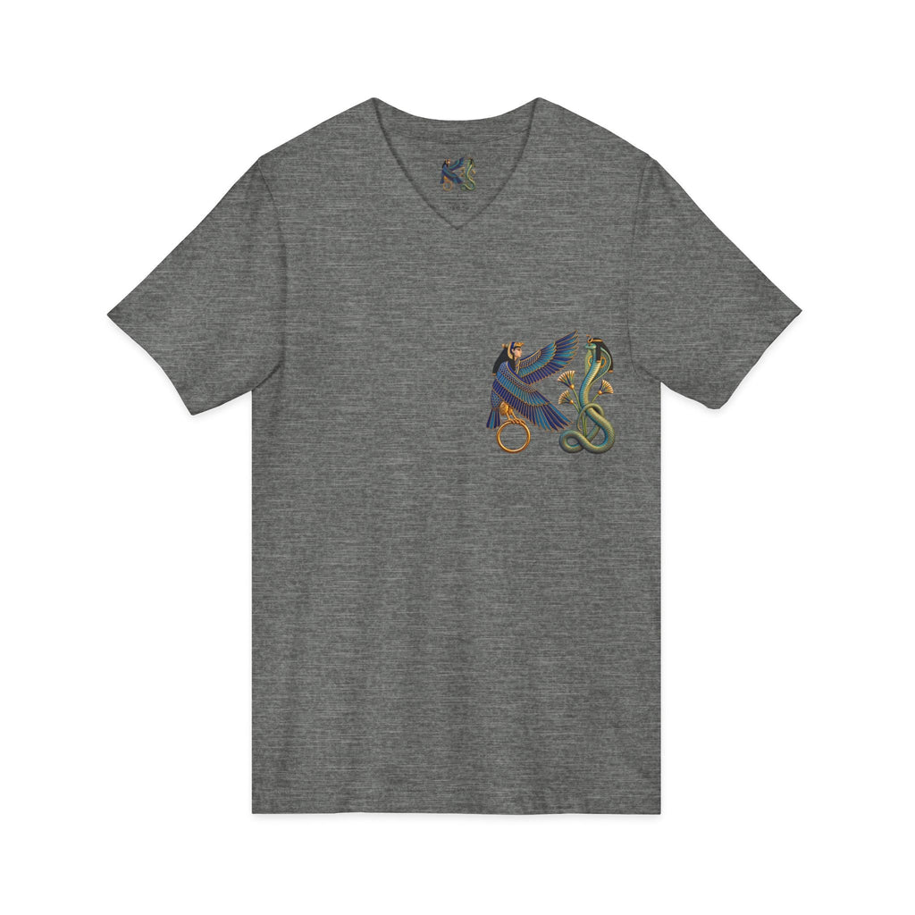 V-neck T-shirt with Egyptian winged figure and cobra artwork