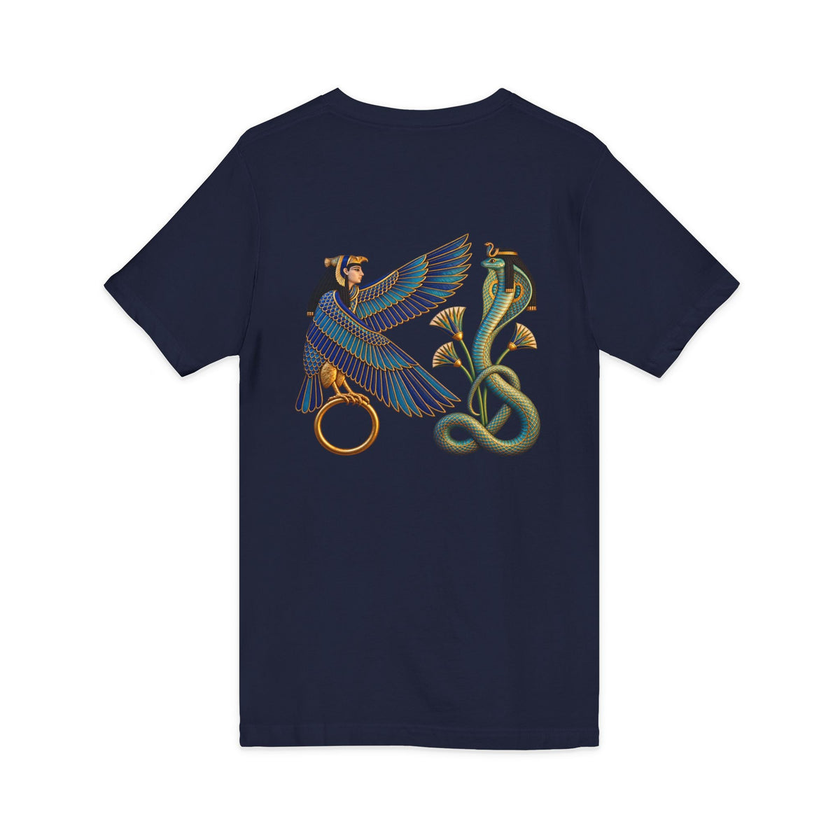 V-neck T-shirt with Egyptian winged figure and cobra artwork
