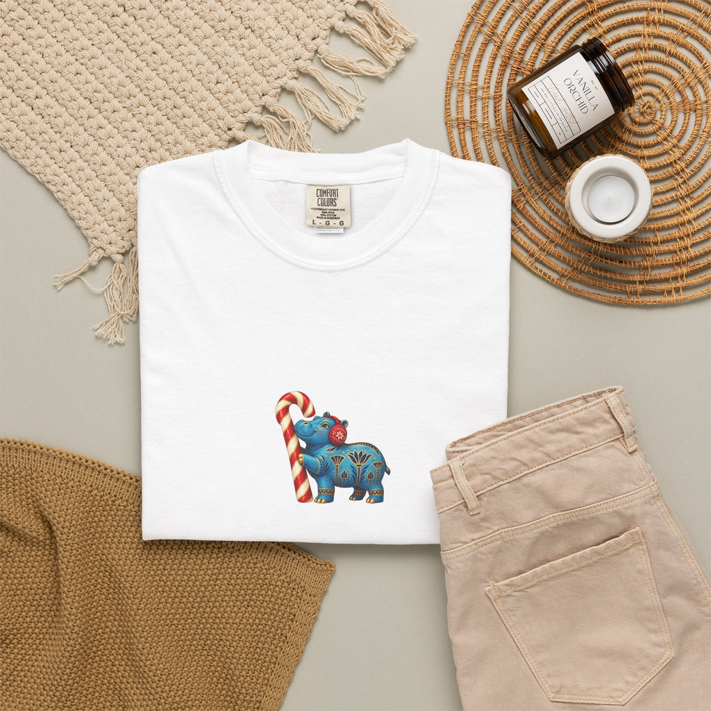 Blue Egyptian Hippo Christmas T-Shirt — Candy Cane Holiday Printify