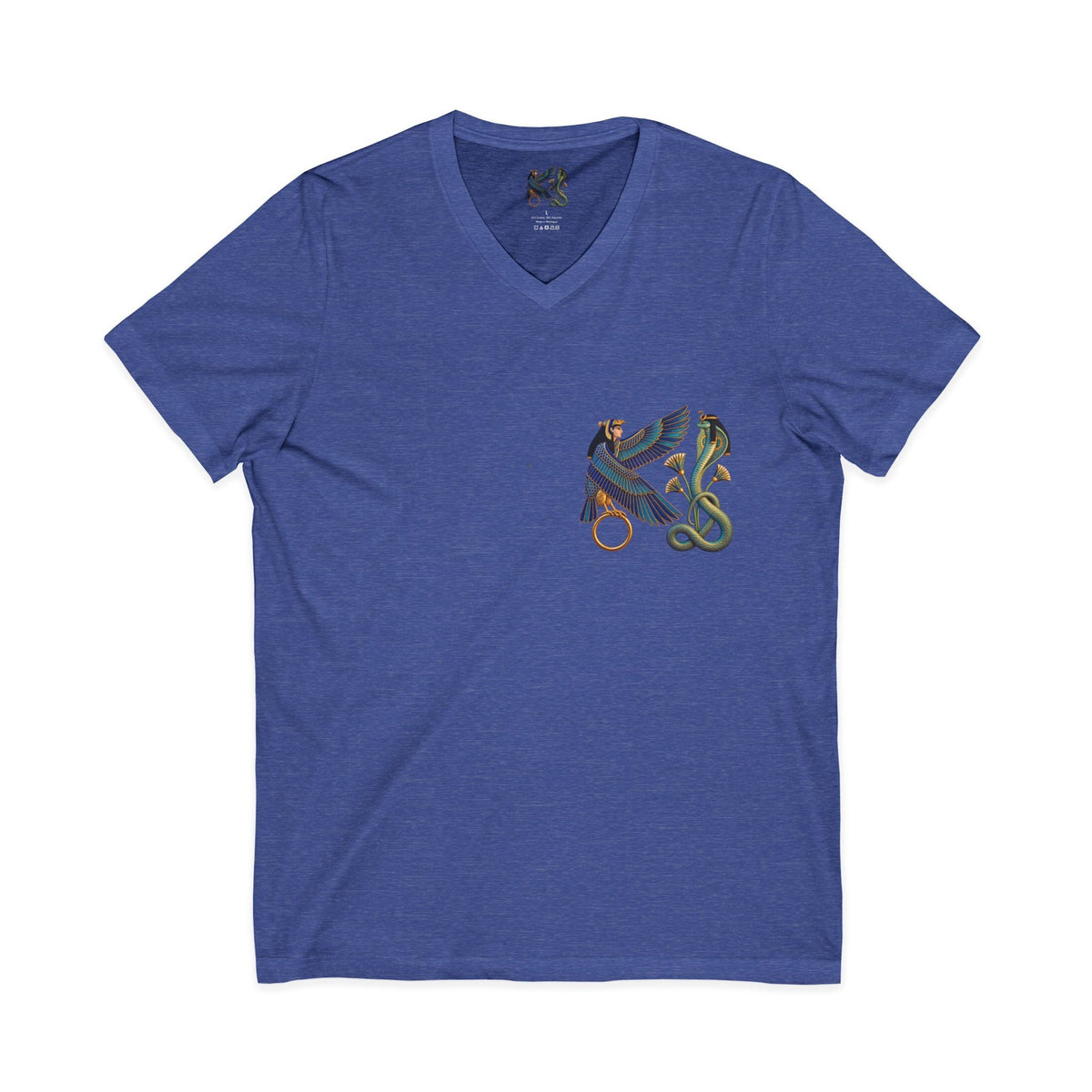 V-neck T-shirt with Egyptian winged figure and cobra artwork