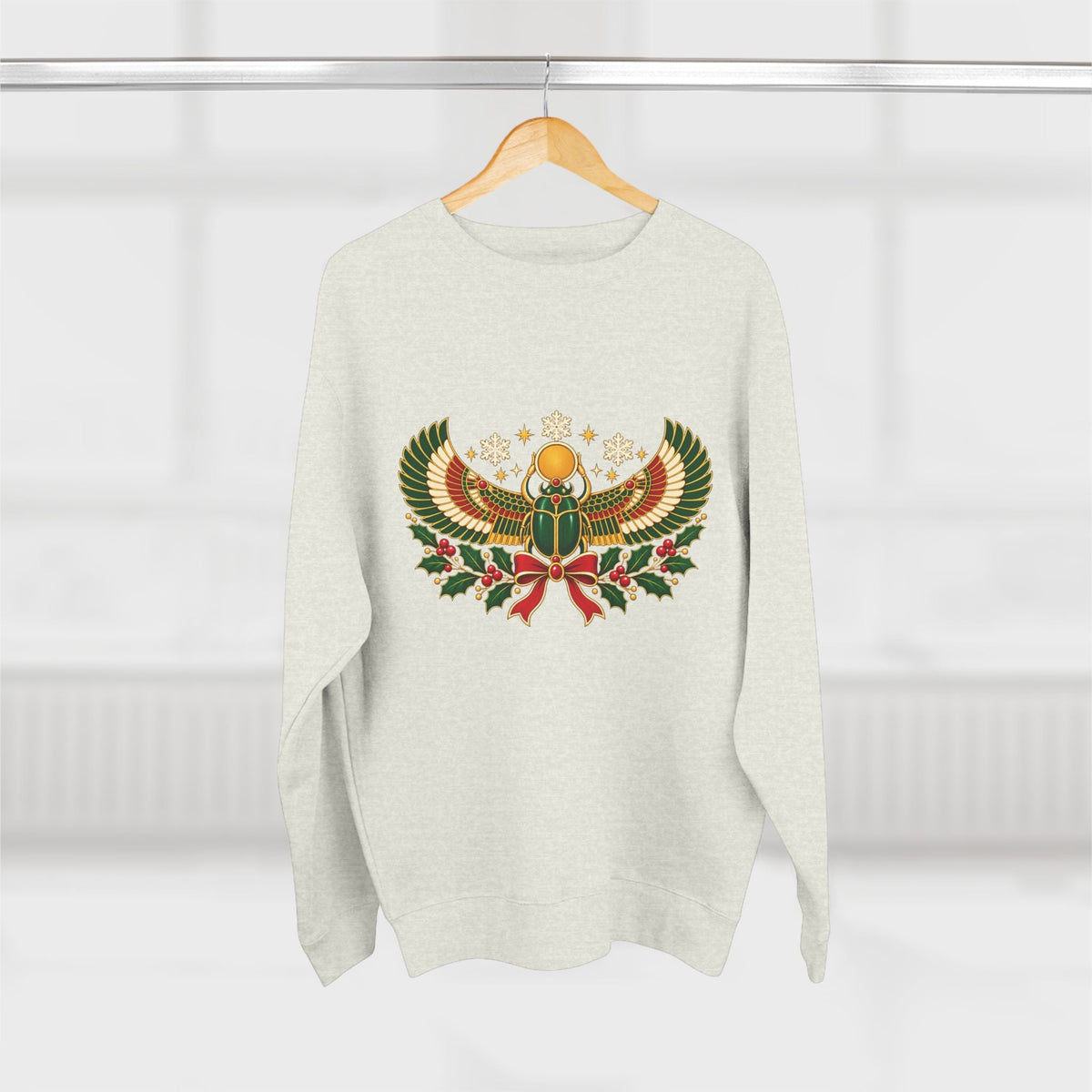 Egyptian Scarab Holiday Sweatshirt — Festive Scarab & Wreath Crewneck Printify