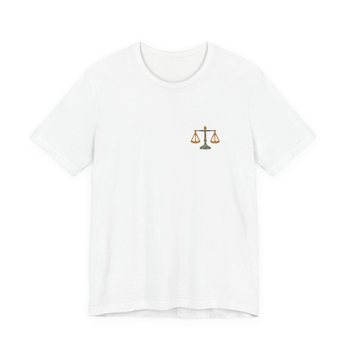 White unisex jersey T-shirt with a small balance scales graphic on the front