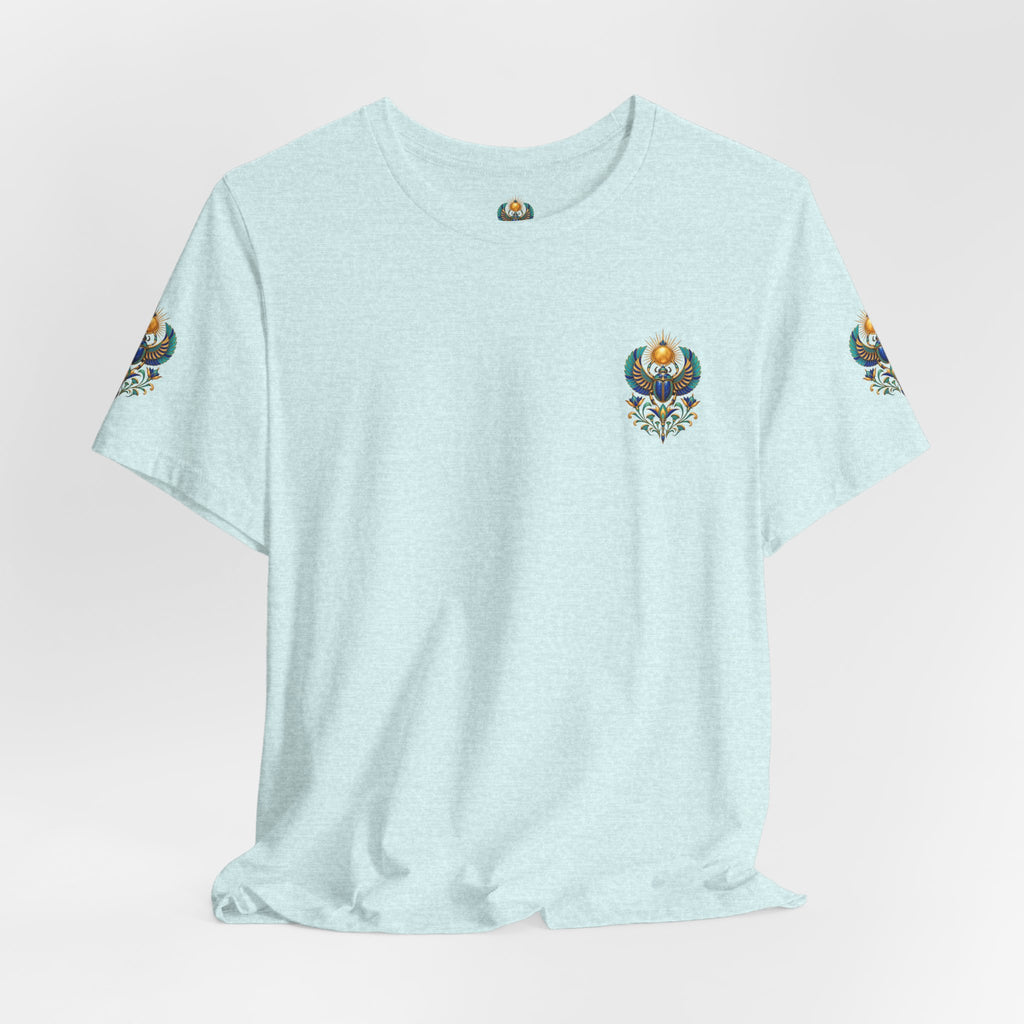 Scarabs & Sun Egyptian Scarab T-Shirt — Golden Sunback Graphic Tee Printify