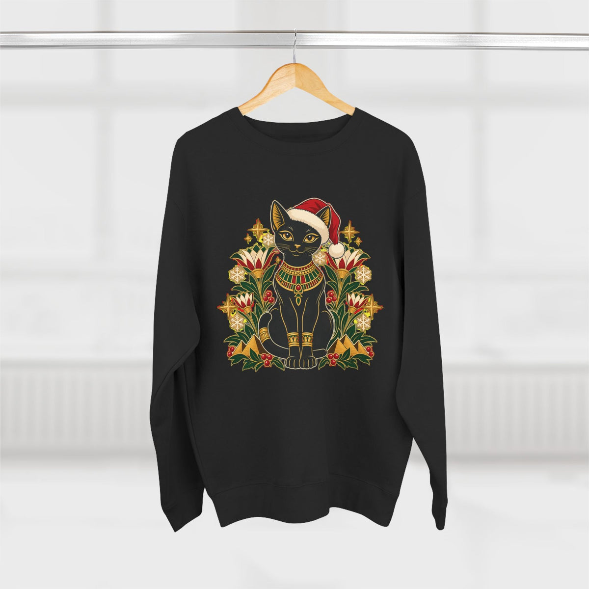 Christmas Black Cat Crewneck Sweatshirt – Festive Egyptian Cat Holiday Pullover Printify