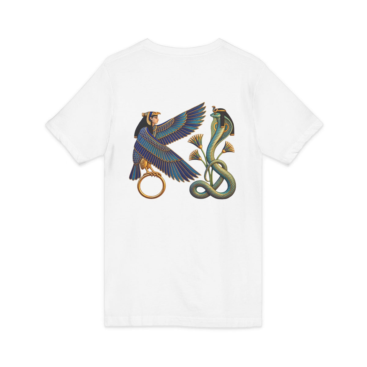 V-neck T-shirt with Egyptian winged figure and cobra artwork