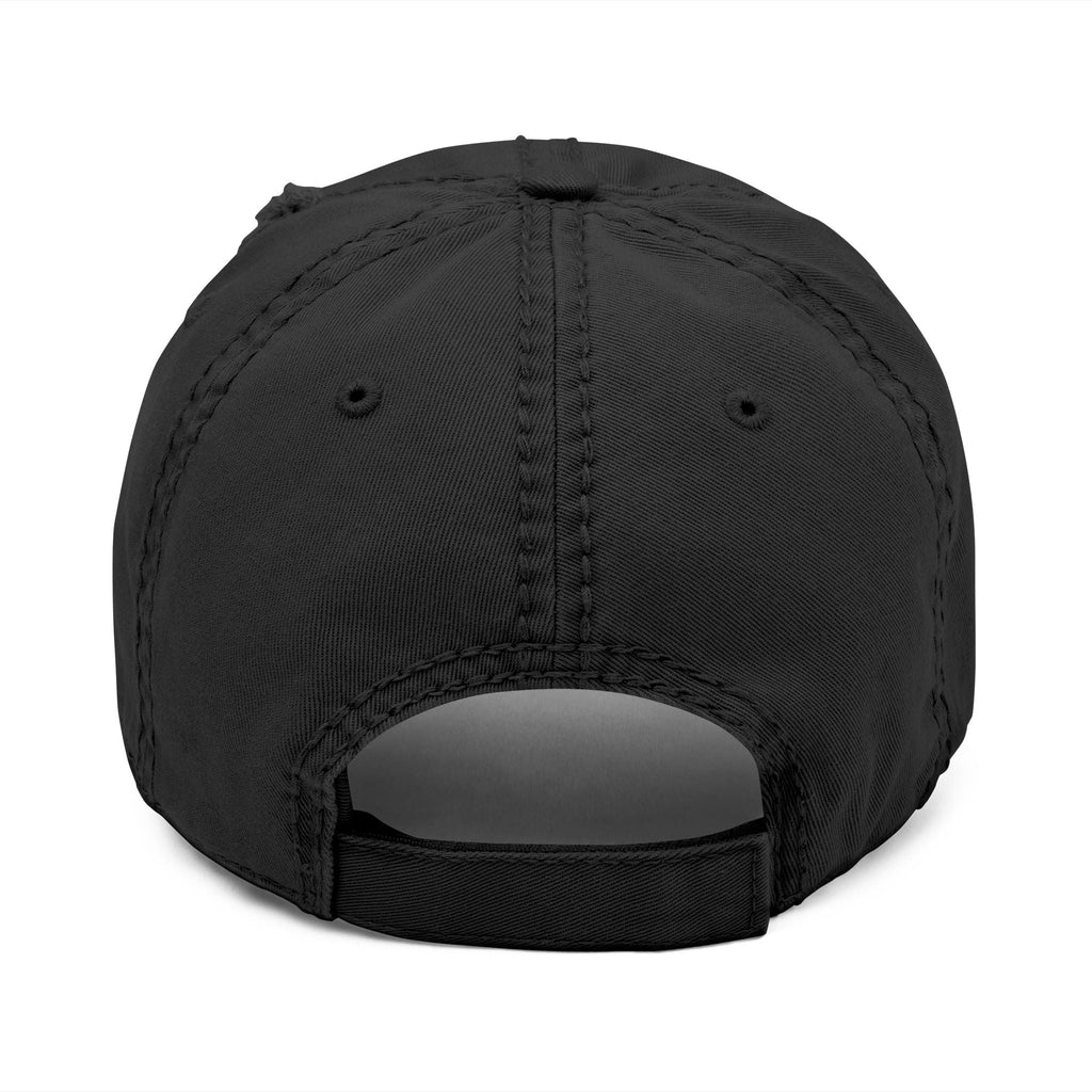 Distressed dad hat with Egyptian falcon and sun disk embroidery
