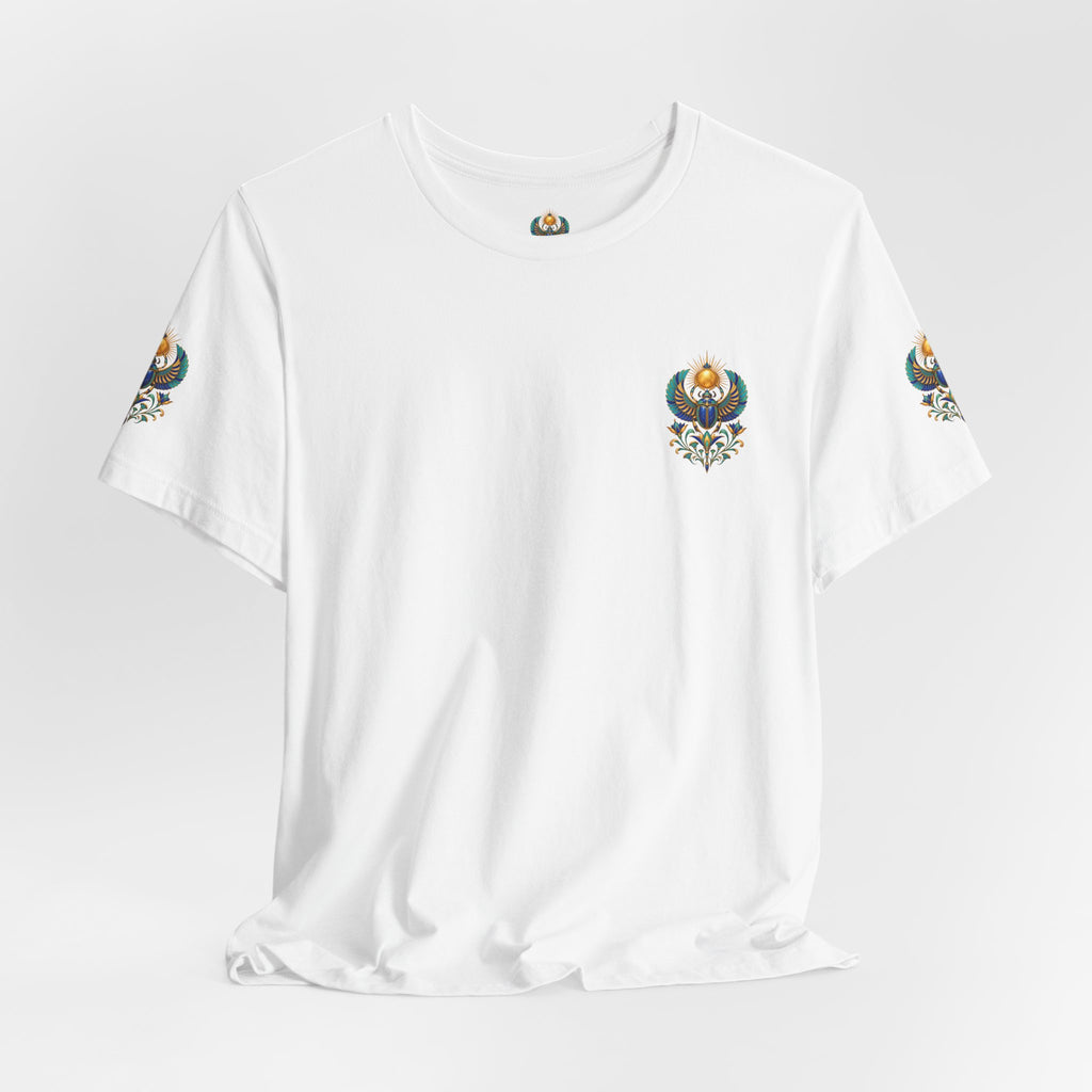 Scarabs & Sun Egyptian Scarab T-Shirt — Golden Sunback Graphic Tee Printify