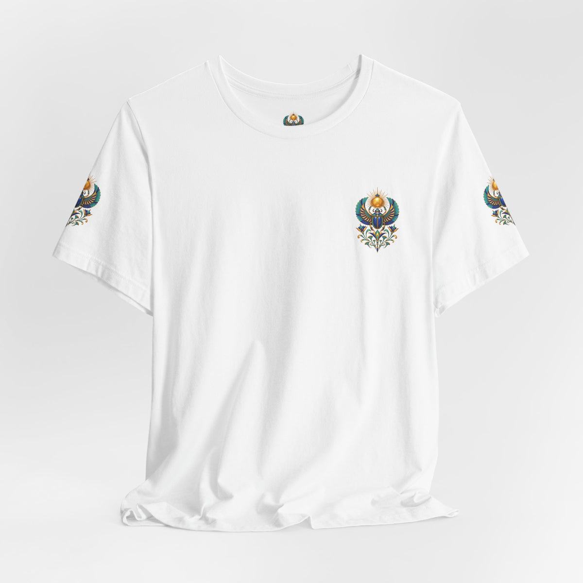Scarabs & Sun Egyptian Scarab T-Shirt — Golden Sunback Graphic Tee Printify