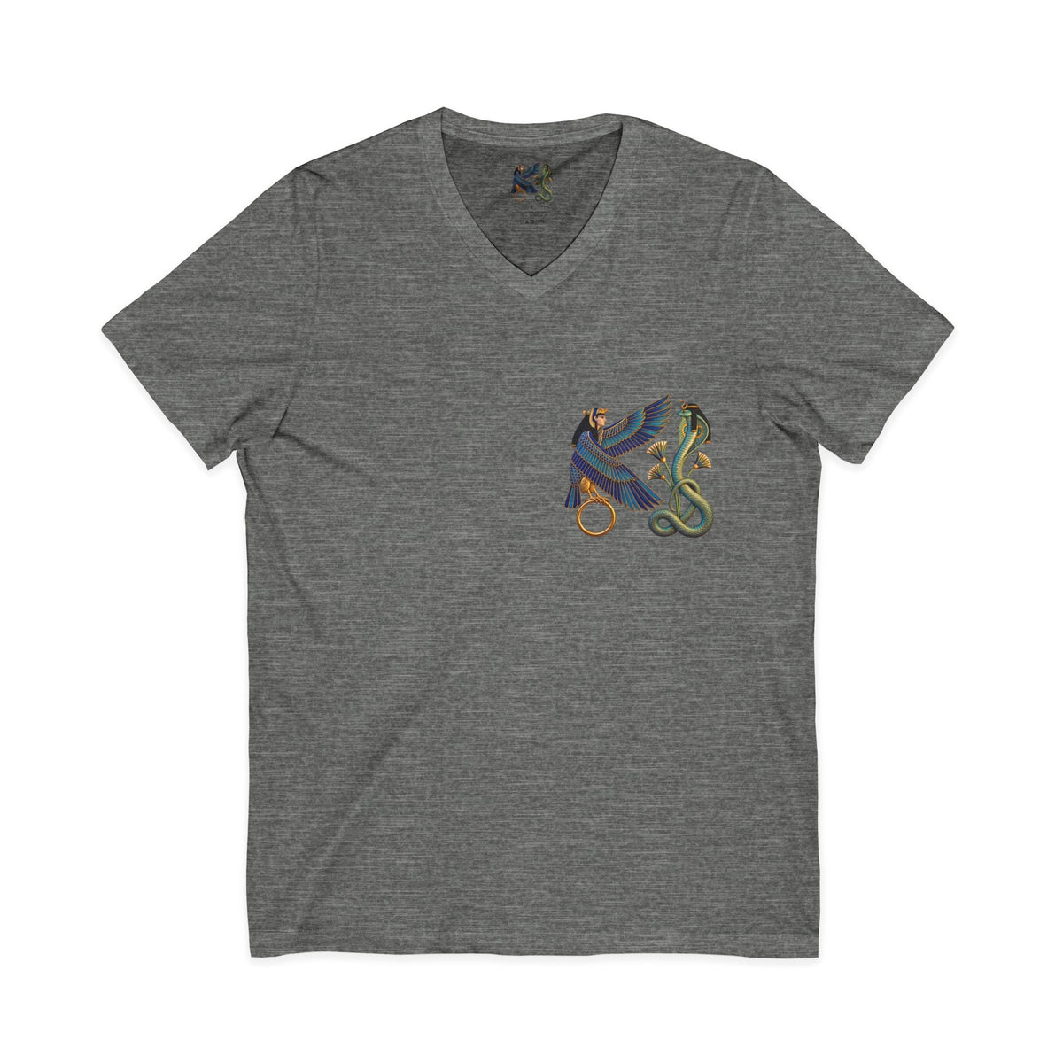 V-neck T-shirt with Egyptian winged figure and cobra artwork