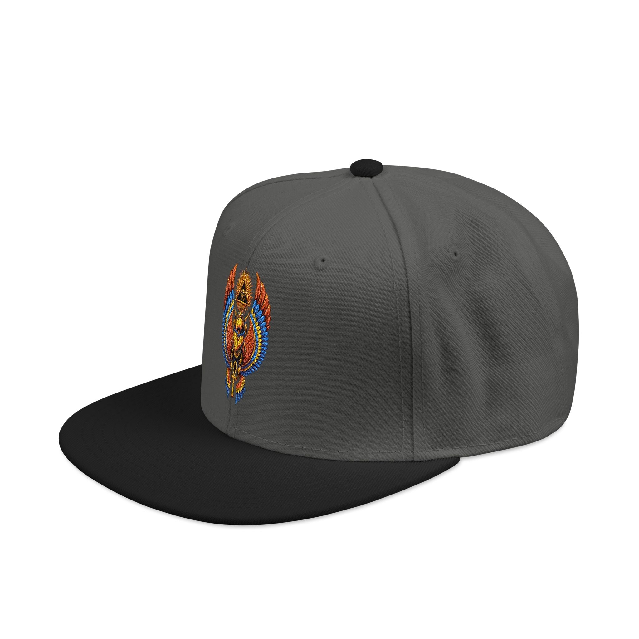 Structured snapback cap with embroidered eyelets, grey under visor, and adjustable snap closure