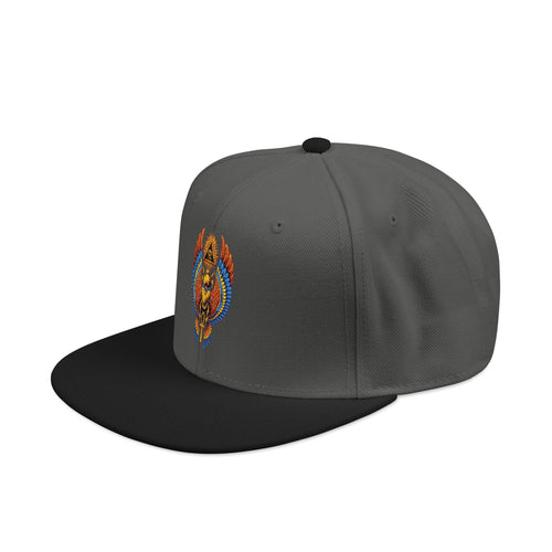 Structured snapback cap with embroidered eyelets, grey under visor, and adjustable snap closure