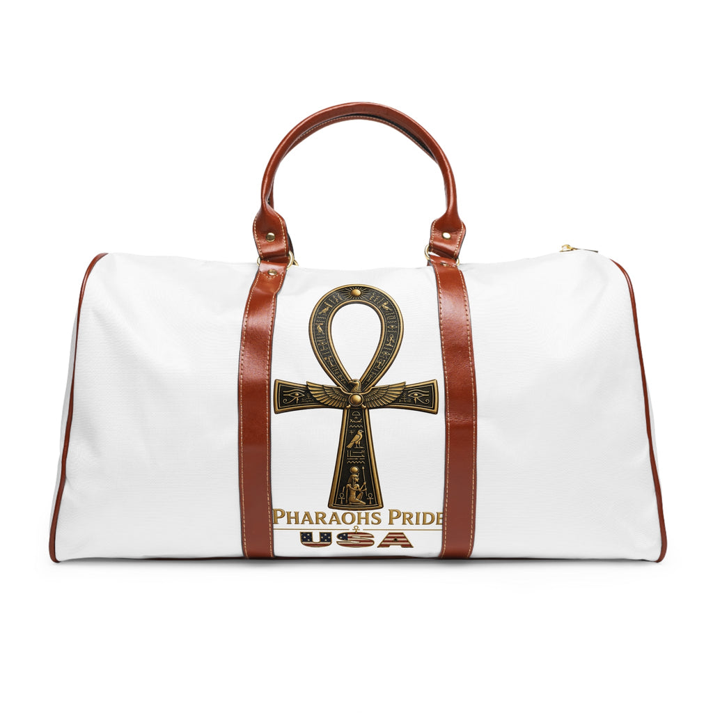 Pharaohs Pride USA Egyptian Heritage travel bag with all-over print, brown leather handles, and gold zipper