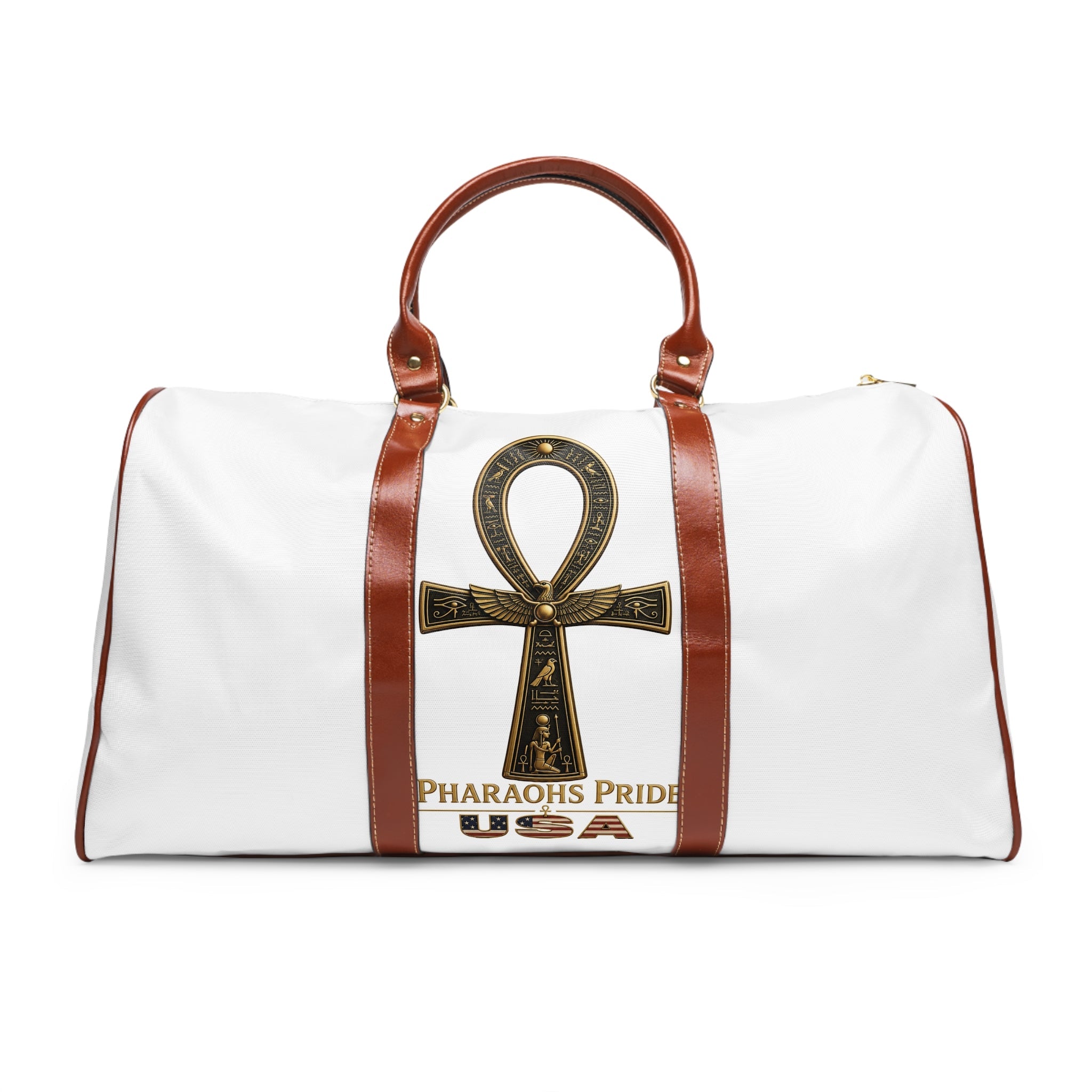 Pharaohs Pride USA Egyptian Heritage travel bag with all-over print, brown leather handles, and gold zipper