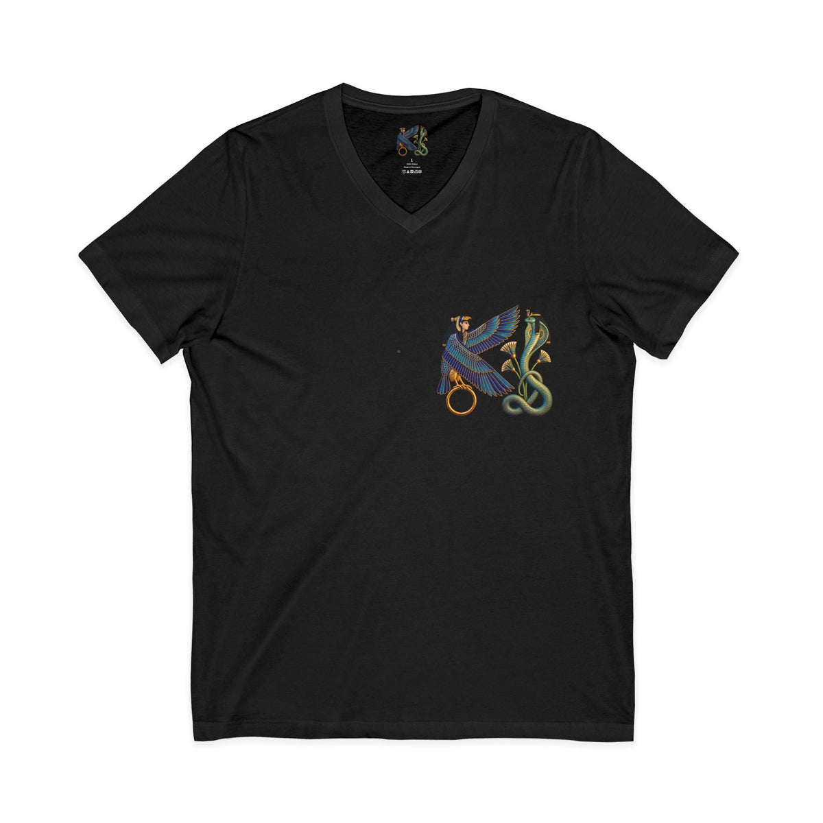 V-neck T-shirt with Egyptian winged figure and cobra artwork