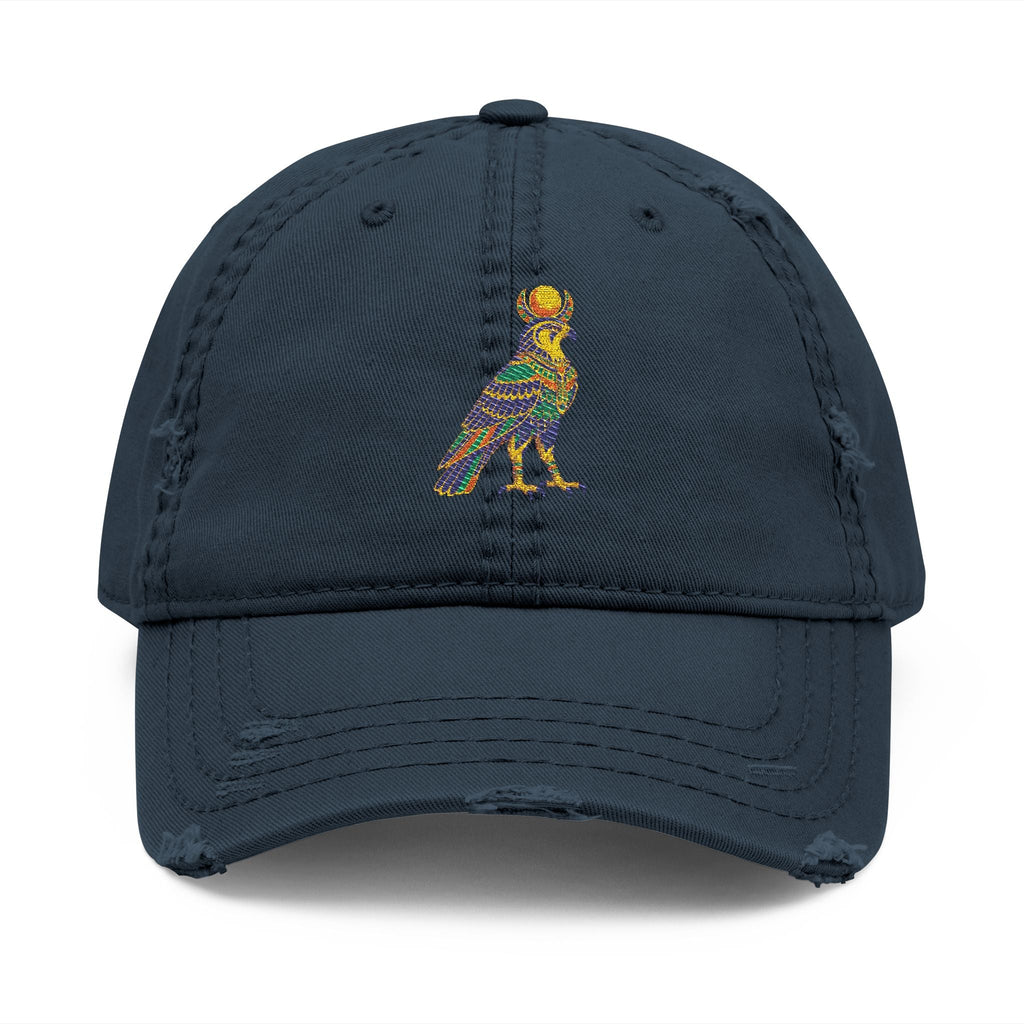 Distressed dad hat with Egyptian falcon and sun disk embroidery