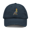 Distressed dad hat with Egyptian falcon and sun disk embroidery