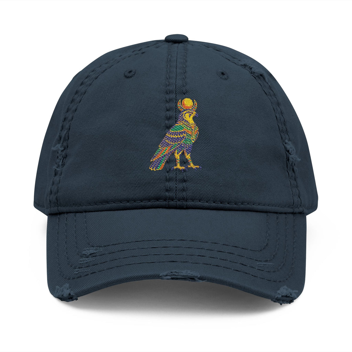 Distressed dad hat with Egyptian falcon and sun disk embroidery