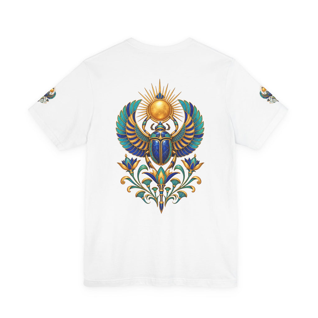 Scarabs & Sun Egyptian Scarab T-Shirt — Golden Sunback Graphic Tee Printify