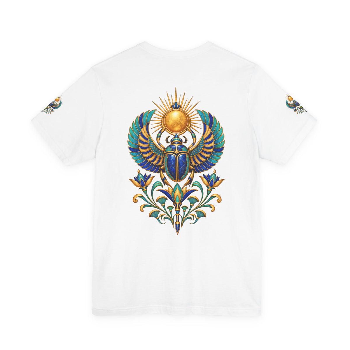 Scarabs & Sun Egyptian Scarab T-Shirt — Golden Sunback Graphic Tee Printify