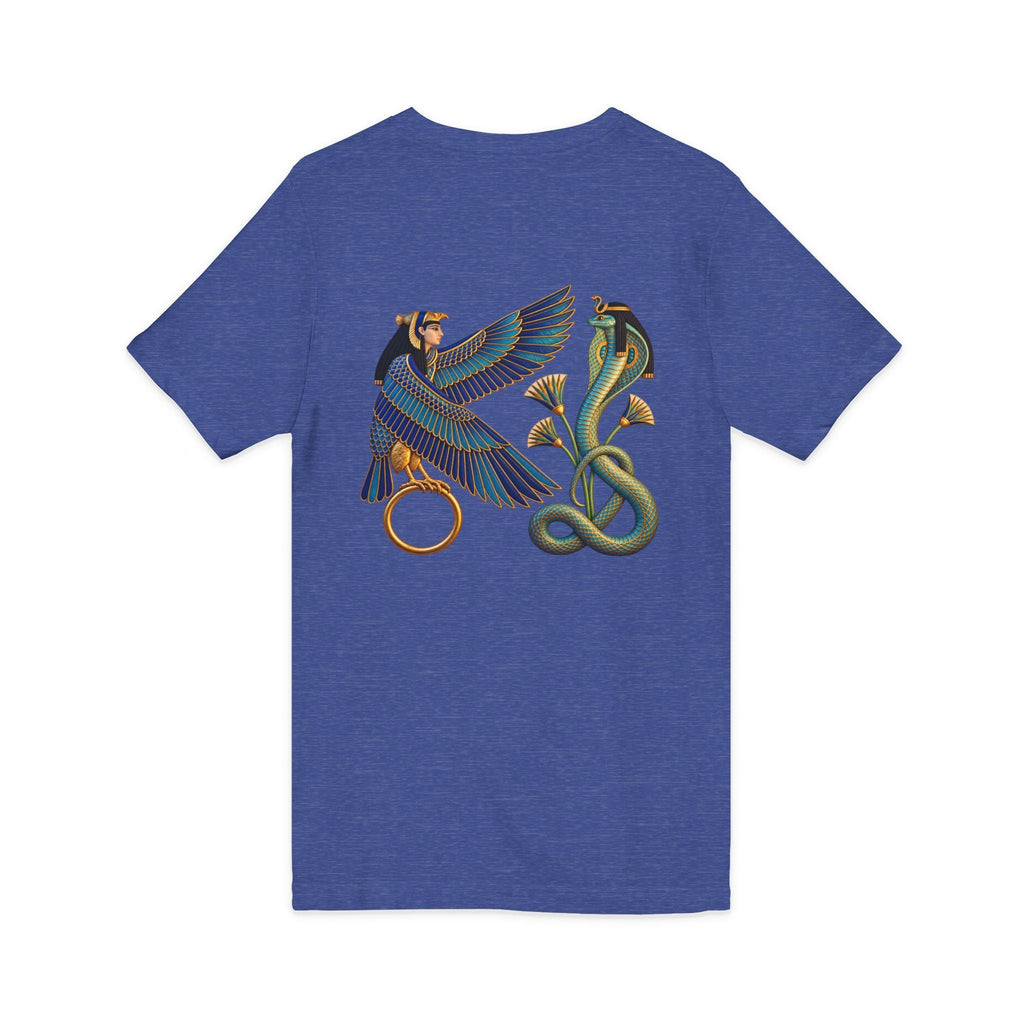 V-neck T-shirt with Egyptian winged figure and cobra artwork