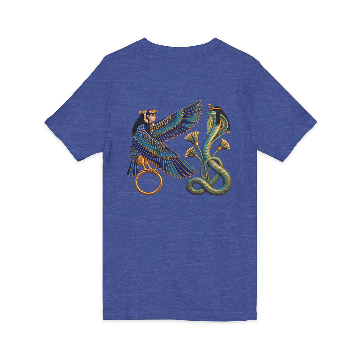 V-neck T-shirt with Egyptian winged figure and cobra artwork