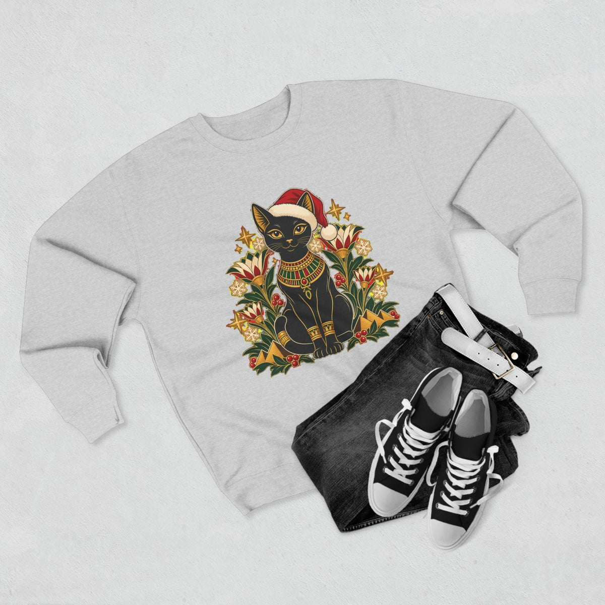 Christmas Black Cat Crewneck Sweatshirt – Festive Egyptian Cat Holiday Pullover Printify