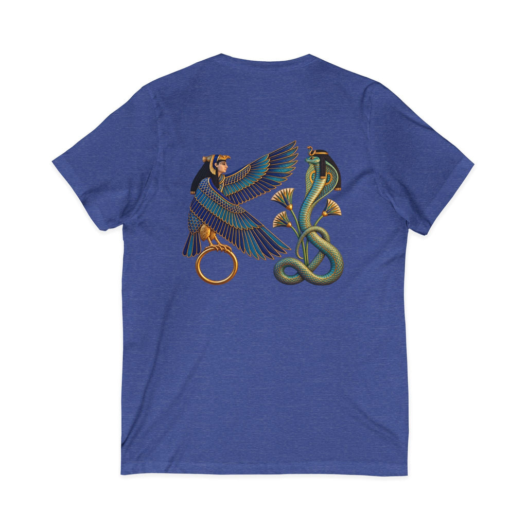 V-neck T-shirt with Egyptian winged figure and cobra artwork