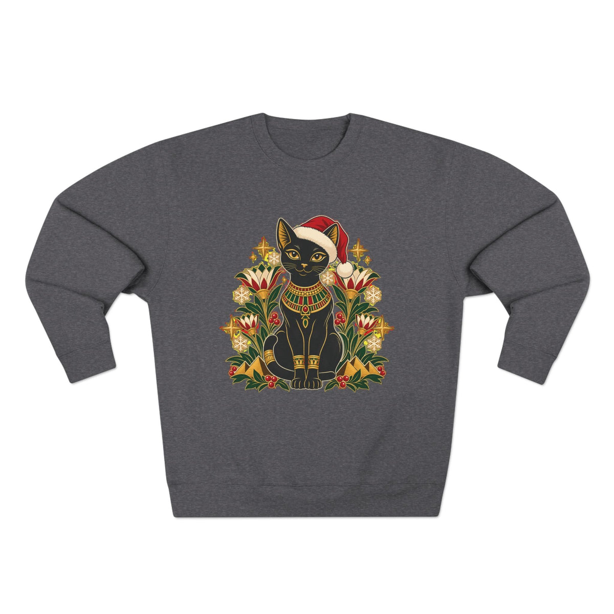 Christmas Black Cat Crewneck Sweatshirt – Festive Egyptian Cat Holiday Pullover Printify
