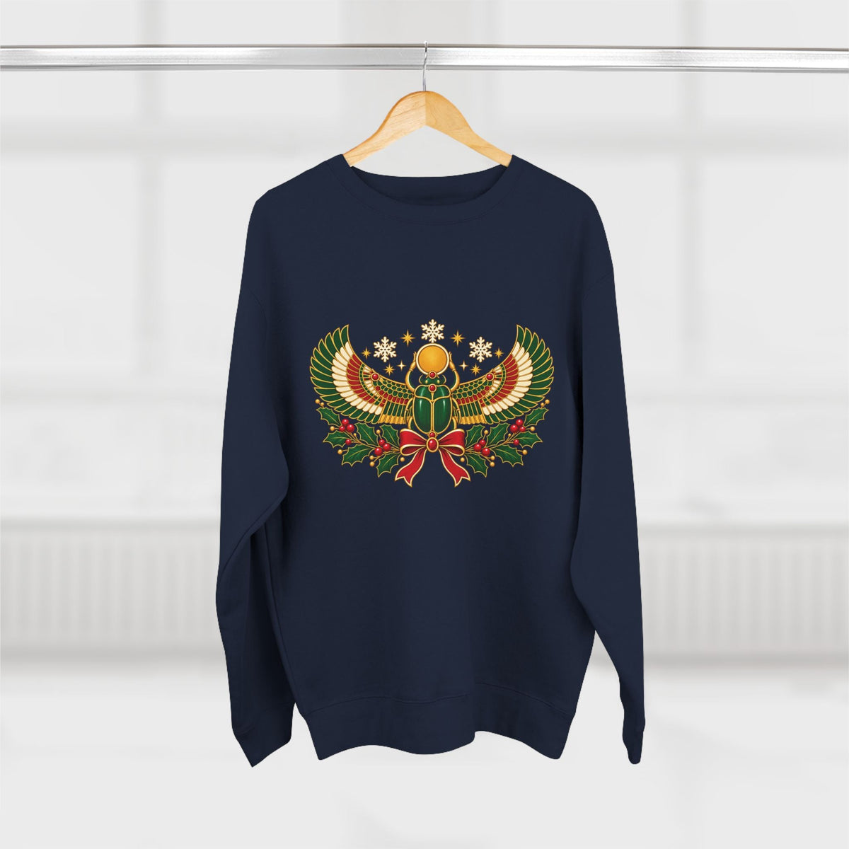 Egyptian Scarab Holiday Sweatshirt — Festive Scarab & Wreath Crewneck Printify