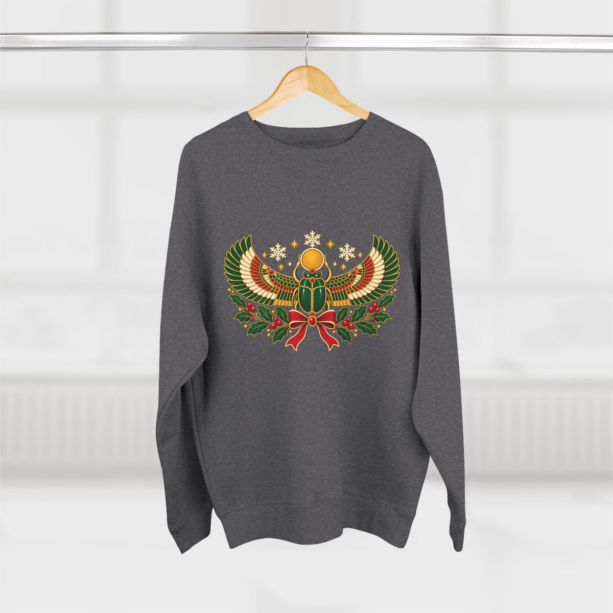 Egyptian Scarab Holiday Sweatshirt — Festive Scarab & Wreath Crewneck Printify