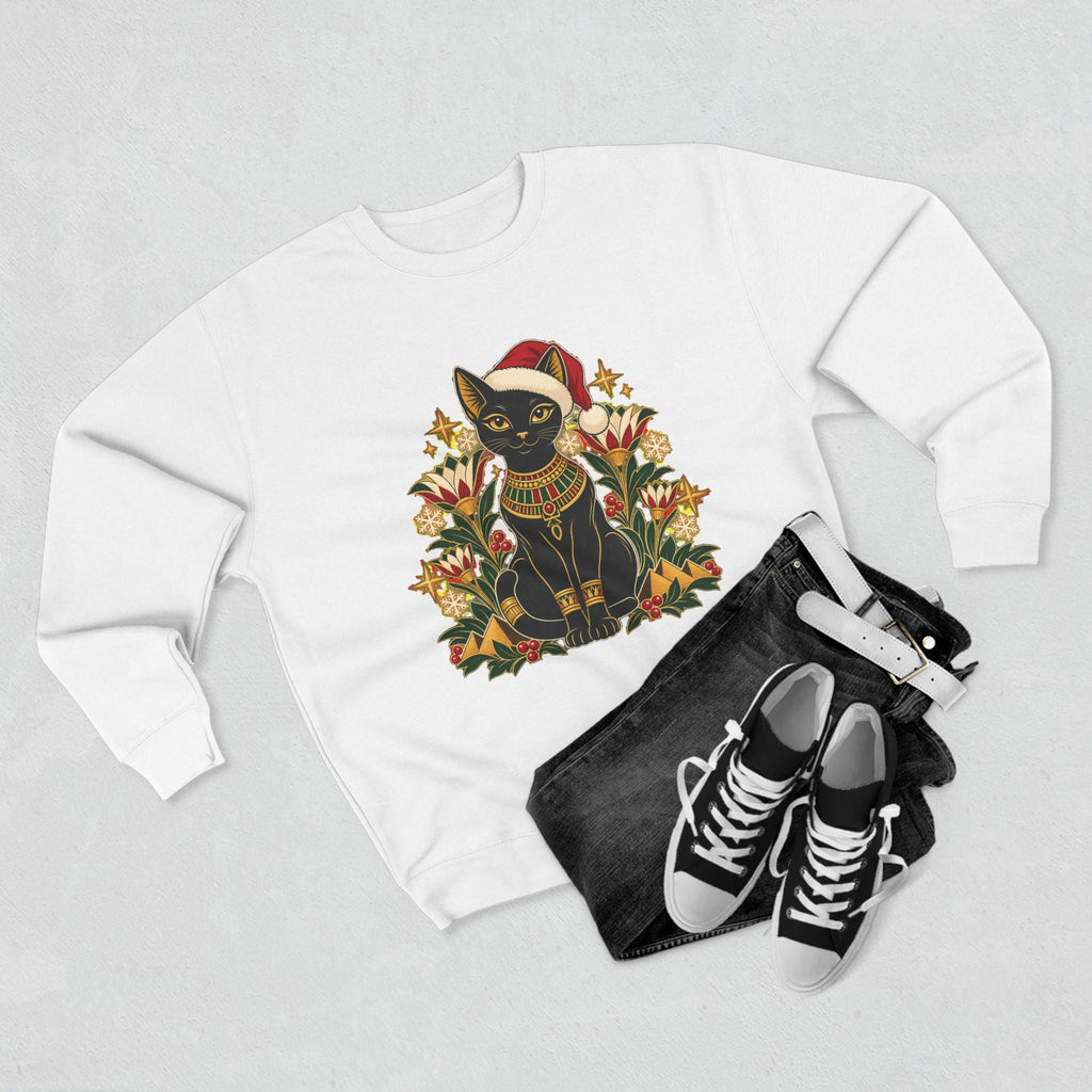 Christmas Black Cat Crewneck Sweatshirt – Festive Egyptian Cat Holiday Pullover Printify