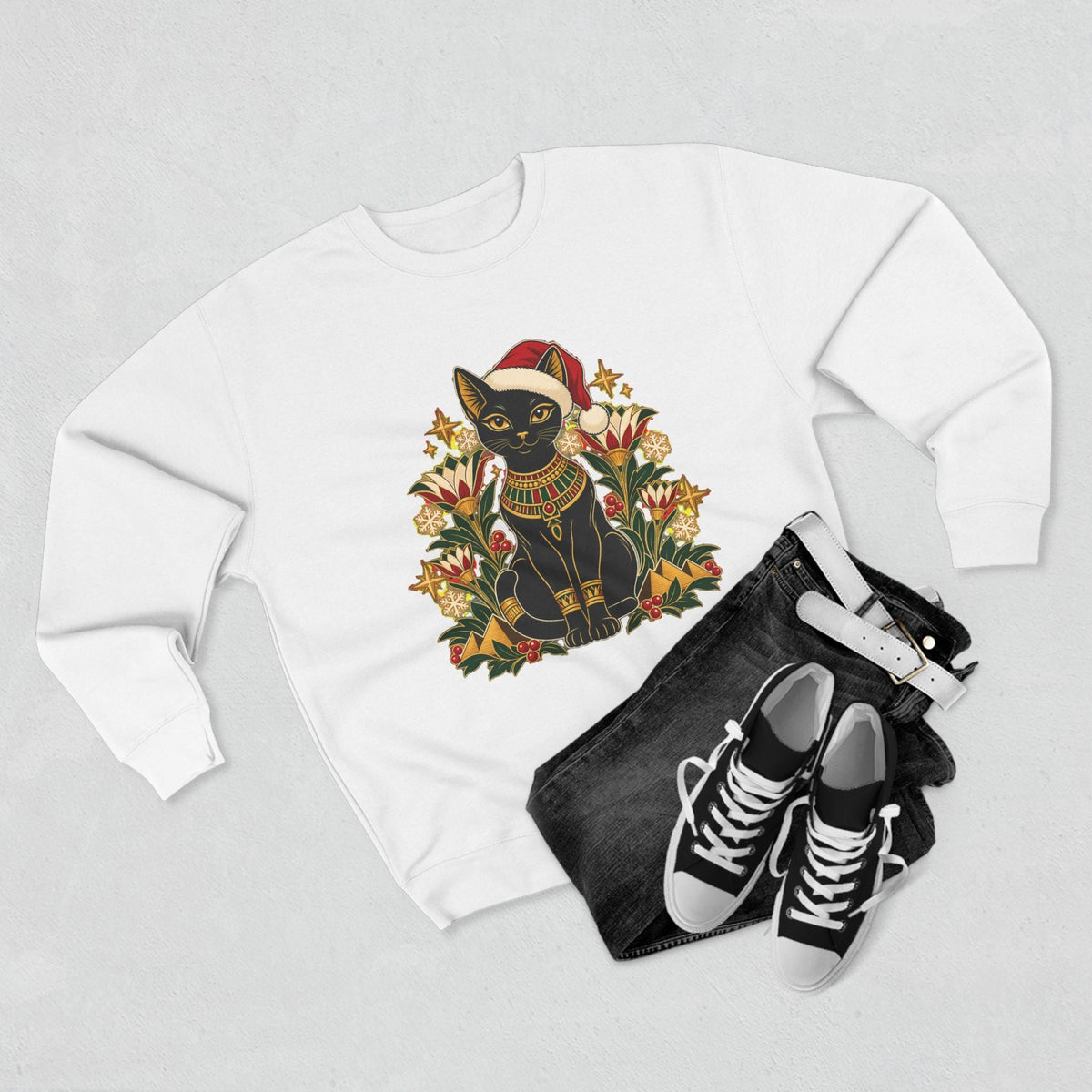 Christmas Black Cat Crewneck Sweatshirt – Festive Egyptian Cat Holiday Pullover Printify