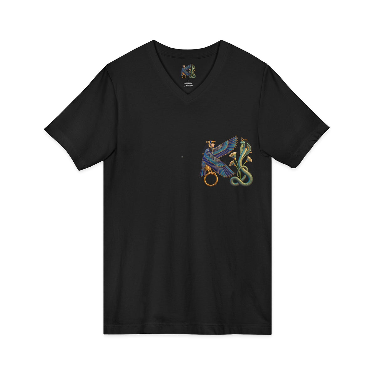 V-neck T-shirt with Egyptian winged figure and cobra artwork