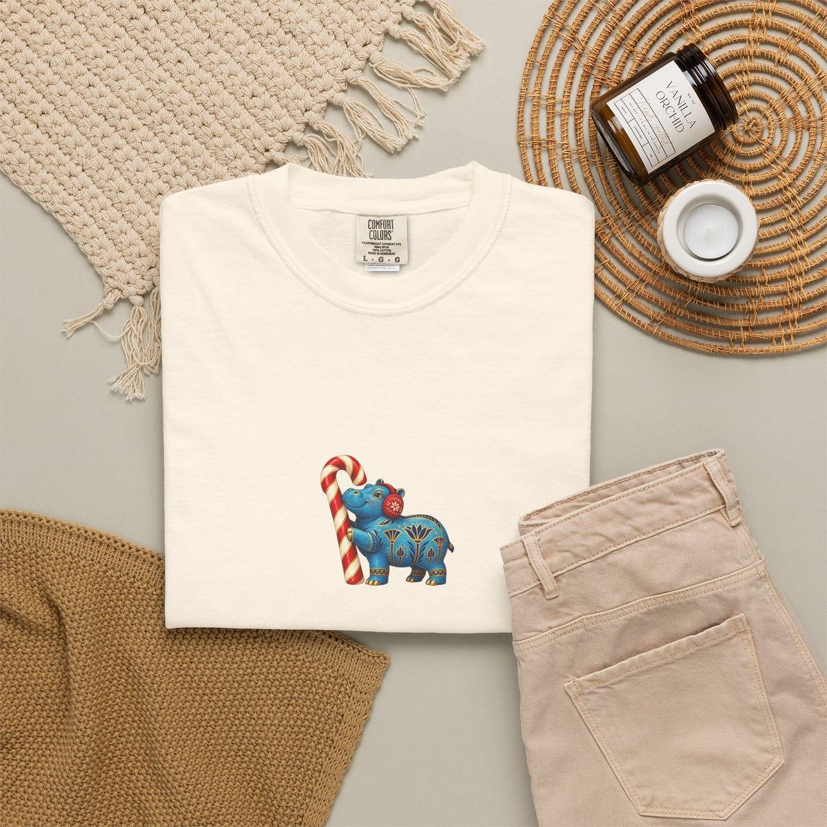 Blue Egyptian Hippo Christmas T-Shirt — Candy Cane Holiday Printify