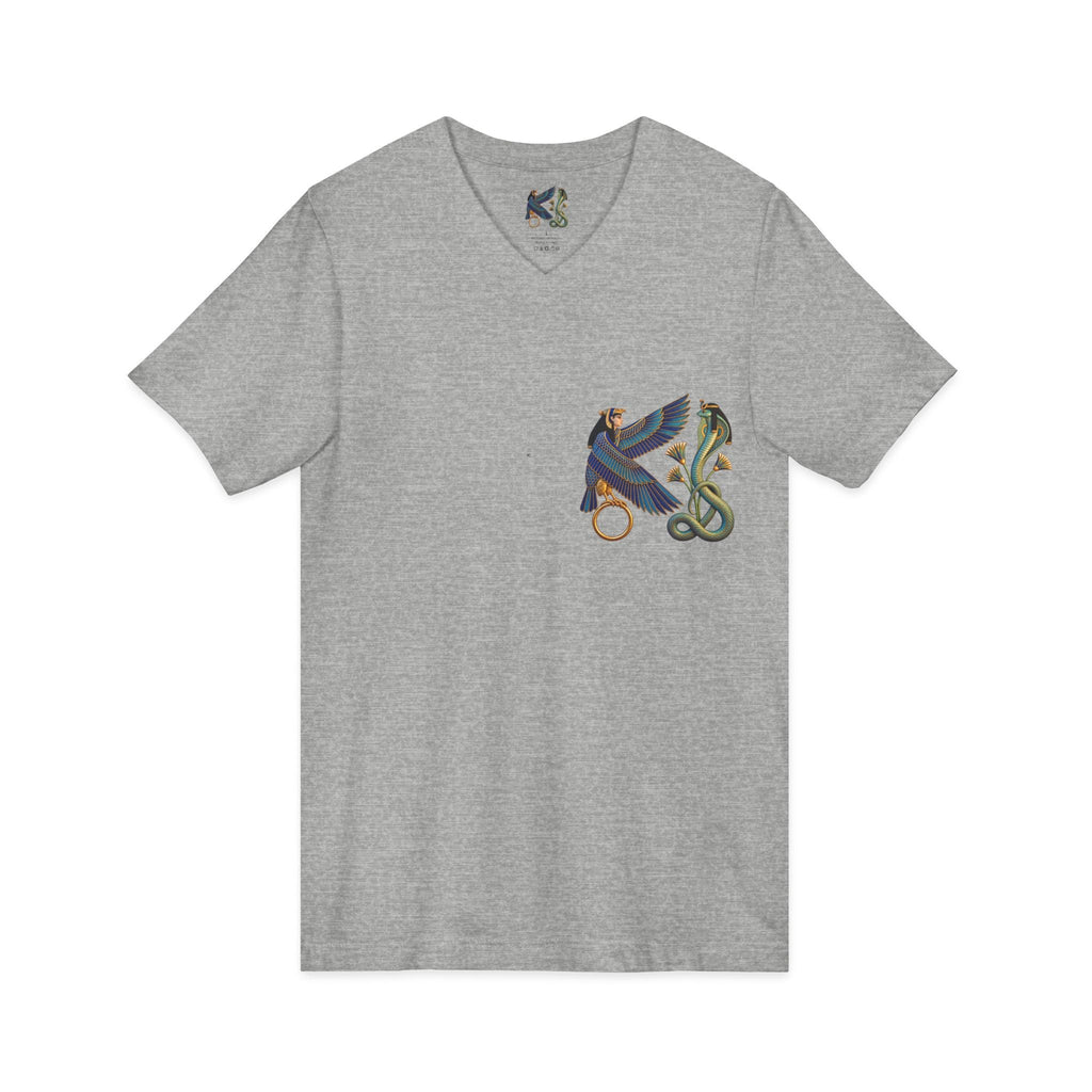 V-neck T-shirt with Egyptian winged figure and cobra artwork