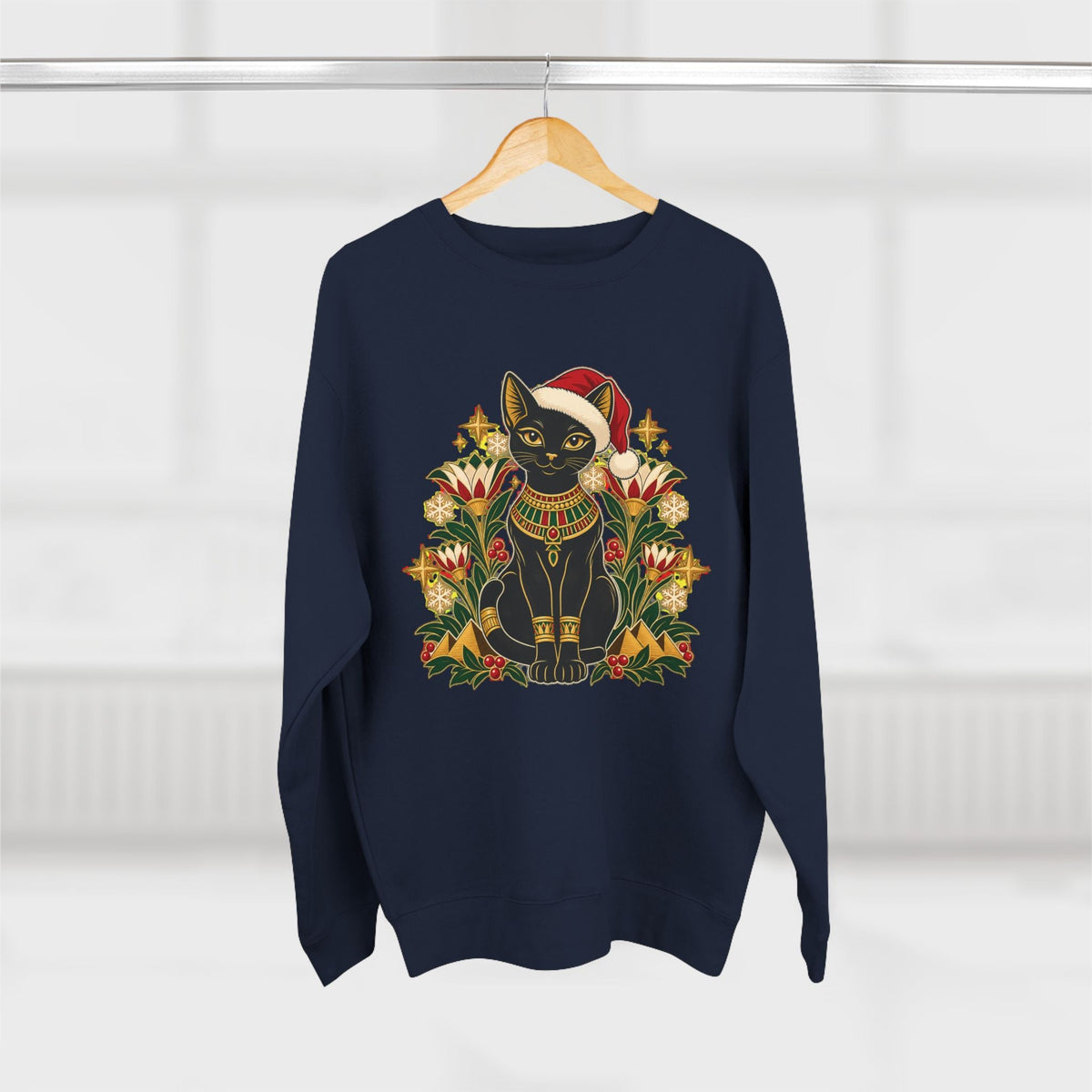 Christmas Black Cat Crewneck Sweatshirt – Festive Egyptian Cat Holiday Pullover Printify