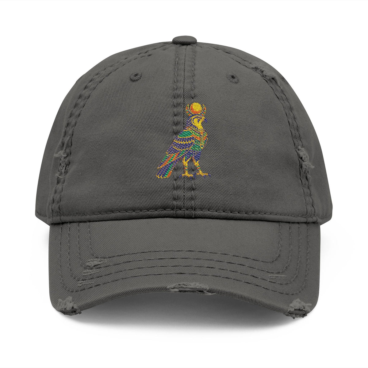 Distressed dad hat with Egyptian falcon and sun disk embroidery