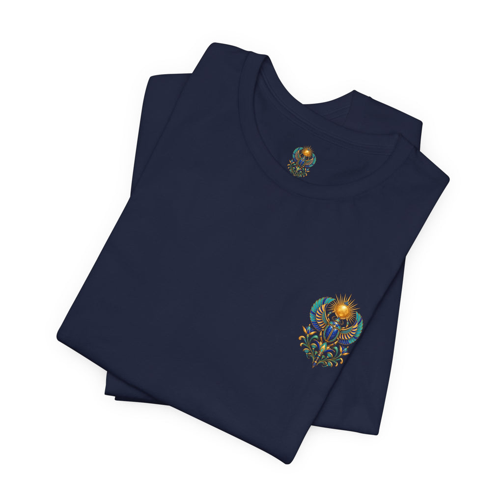 Scarabs & Sun Egyptian Scarab T-Shirt — Golden Sunback Graphic Tee Printify