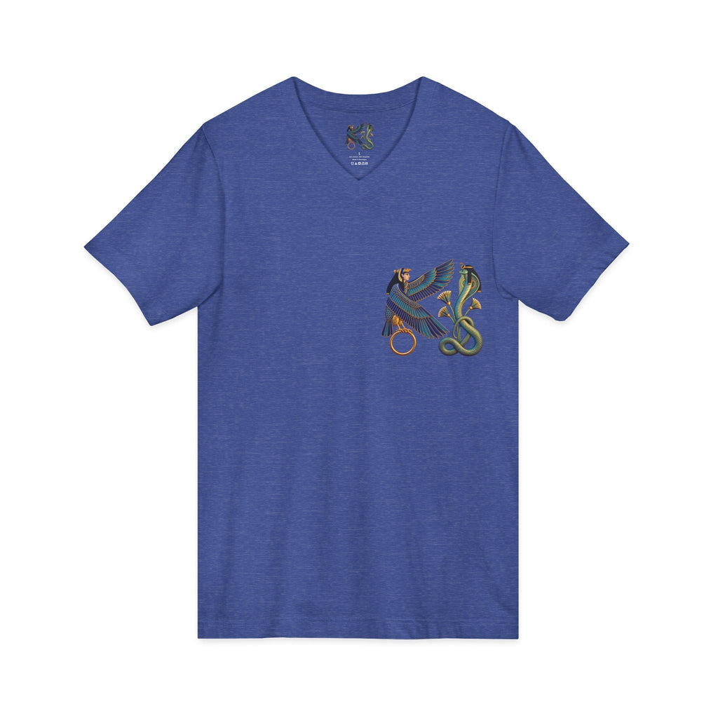 V-neck T-shirt with Egyptian winged figure and cobra artwork