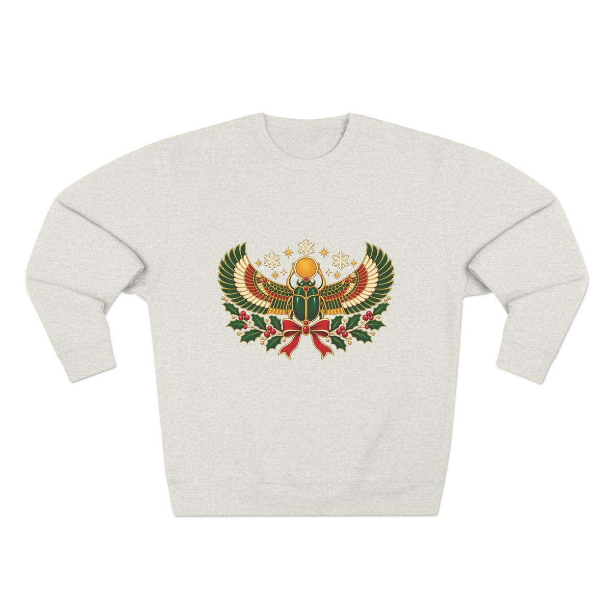 Egyptian Scarab Holiday Sweatshirt — Festive Scarab & Wreath Crewneck Printify