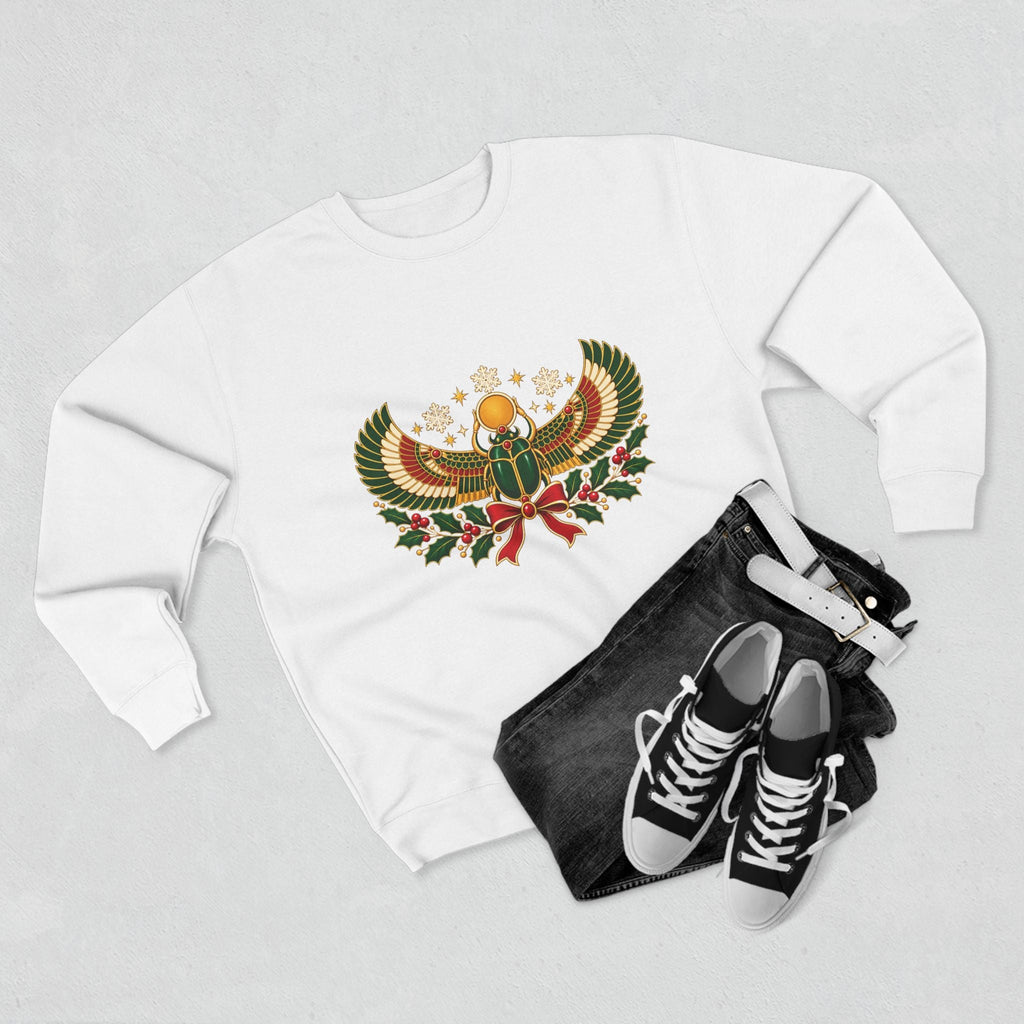Egyptian Scarab Holiday Sweatshirt — Festive Scarab & Wreath Crewneck Printify