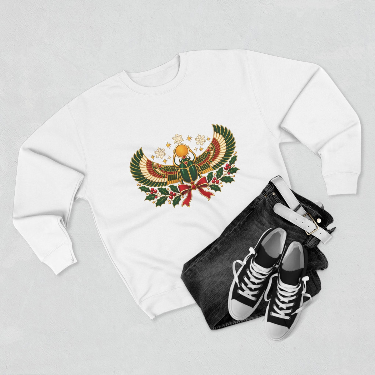 Egyptian Scarab Holiday Sweatshirt — Festive Scarab & Wreath Crewneck Printify