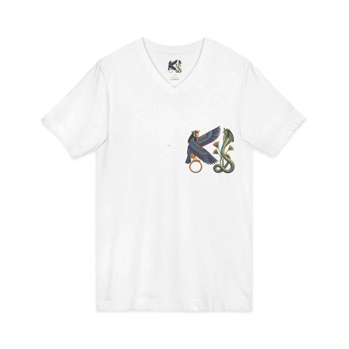 V-neck T-shirt with Egyptian winged figure and cobra artwork